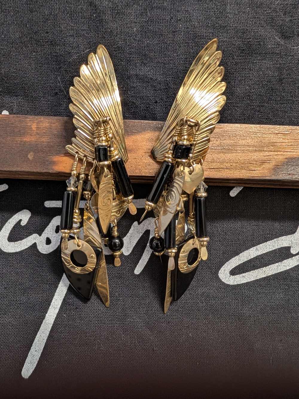 Vintage, Signed TABRA Gold and Black Winged Statement Earrings